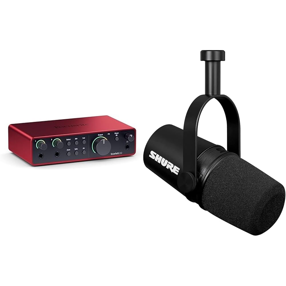 Focusrite Scarlett 2i2 4.ª gen. interfaz de audio USB para grabar, componer & Shure MV7X XLR Podcast Microphone - Pro Dynamic Mic para podcasting y grabación Vocal