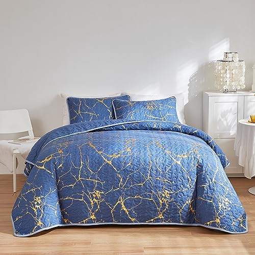 HAVOP Blue Bedsprad Double Size Gold Marble Quilted Bedspreads Coverlet