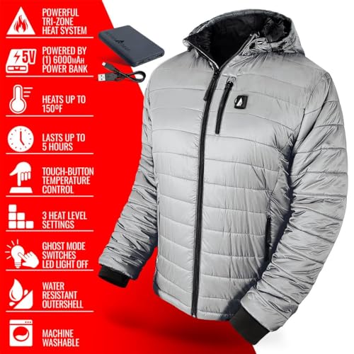 ActionHeat Men's 5V Insulated Heated Jacket with Detachable Hood, Battery Pack 5