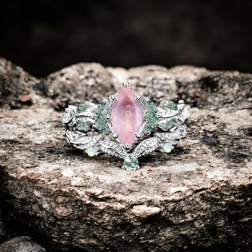 Rose Gold Vintage Leaf Ring Set with Pink Rose Quartz & Green Crystals, Nature-Inspired Bridal Engagement Ring, Boho Statement Jewelry for Women, Birthday Gift3