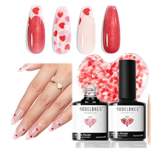 Image of modelones Valentines Gel Nail Polish, 2 Pcs 15 ML Pink Red Gel Polish Hot Pink Red Love-heart Glitter Gel Polish Shimmer Spring Soak Off LED Nail Art DIY Gift For Women Girl