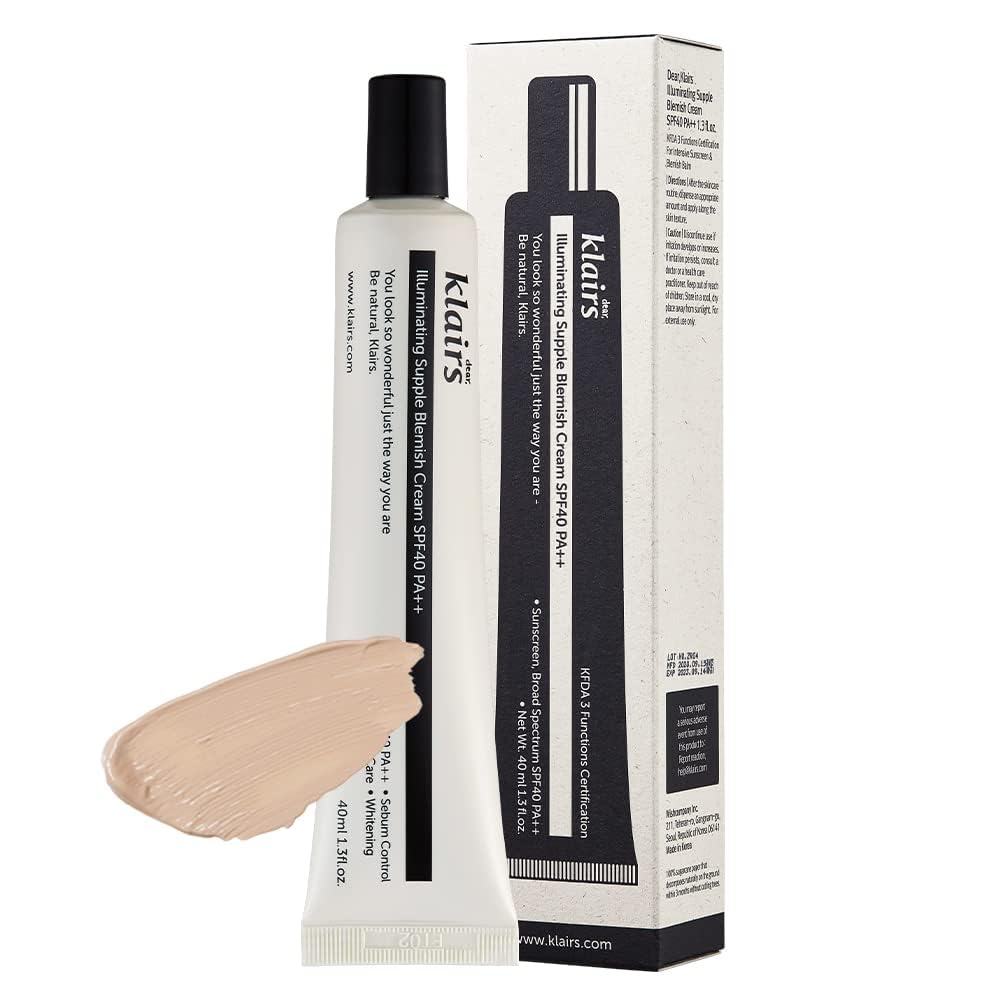 Dear Klairs Illuminating Supple Blemish Cream - Effectively Covers Pores and Redness, Lightweight Hypoallergenic BB Cream with SPF40 PA+++ (Suitable for Sensitive Skin) - Korean Beauty - 40ml