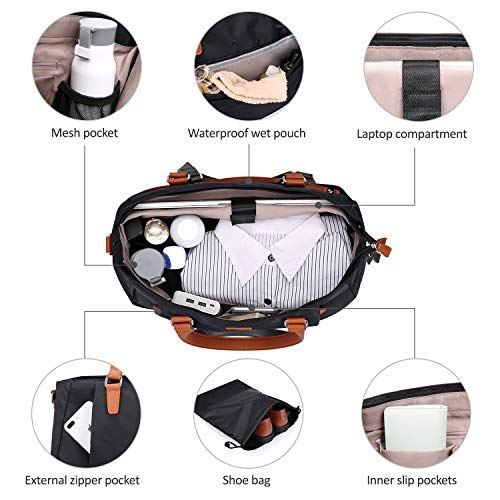 ECOSUSI Weekender Bag Travel Bag 25L Nylon Overnight Duffle Bag Carry On Bags for Airplanes with Trolley Sleeve, Shoe Bag, Wet Pocket Fits for 15.6 inch Laptop, Black