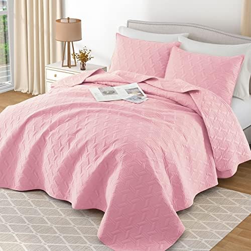 Lavsiry Queen Pink Quilt Bedding Set, Summer Lightweight Full Size Basket Pattern Bed Spread, Soft Microfiber Bedspread Coverlet Set for All Seasons - 3 Piece(1 Quilt, 2 Pillow Shams)