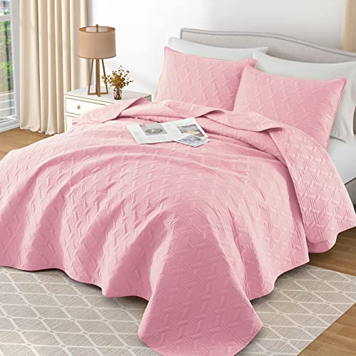 Lavsiry Queen Pink Quilt Bedding Set, Summer Lightweight Full Size Basket Pattern Bed Spread, Soft Microfiber Bedspread Coverlet Set For All Seasons - 3 Piece(1 Quilt, 2 Pillow Shams) #TOP3