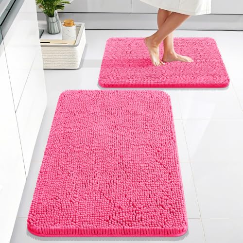 Image of OLANLY Chenille Bathroom Rugs Mats Sets 2 Piece, 30 inchx20 inch+24 inchx16 inch, Hot Pink | Ultra Soft Absorbent Bath Rugs Set, Rubber Backing Non-Slip, Quick Dry, Machine Washable Bath Carpet, Home Decor Accessories