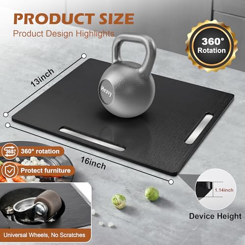 Joy&Grace Appliance Slider for Kitchen Appliances 360° Rolling Sliding Tray for Coffee Maker Countertop, Bamboo Coffee Pot Slider Rolling Tray with Universal Rollers (Black, Large 16