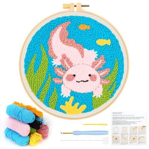 JSRQT Stanznadel Stickerei Starter Kit Punch Needle für Anfänger Adult Debutant DIY Embroidery Sticken Handarbeit Stanznadelstoff Muster Mexican Walking Fish Stanzer Basteln Geschenk Handarbeit