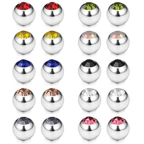 Ruifan 10PRS(20PCS) 5mm Externally Threaded 316L Surgical Steel Jeweled CZ Replacement Balls Body Jewelry Piercing Barbell Parts for Tongue Belly Navel Nipple Ring 16G