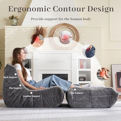 Image of HABUTWAY Bean Bag Ottoman,Memory Foam Foot Rest,Ottoman,Grey | Fireside Chair Ottoman,Memory Foam Lazy Bean Bag Sofa for Living Room,Bedroom,Dorm,Office