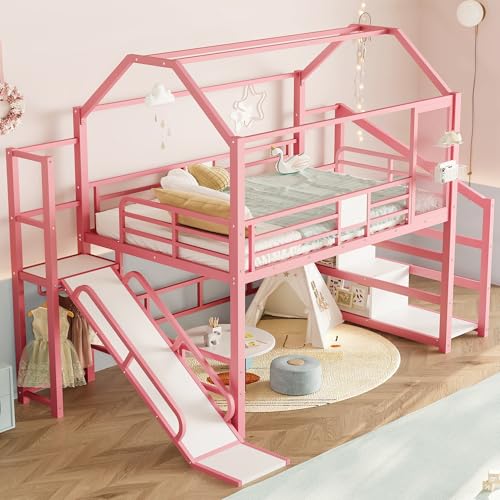 Image of YOPTO Full House Loft Bed with Slide and Stairs,Metal House-Shaped Roof Playhouse Bed w /Storage Shelves,Noise-Free,for Student Dorms,Studio,Pink