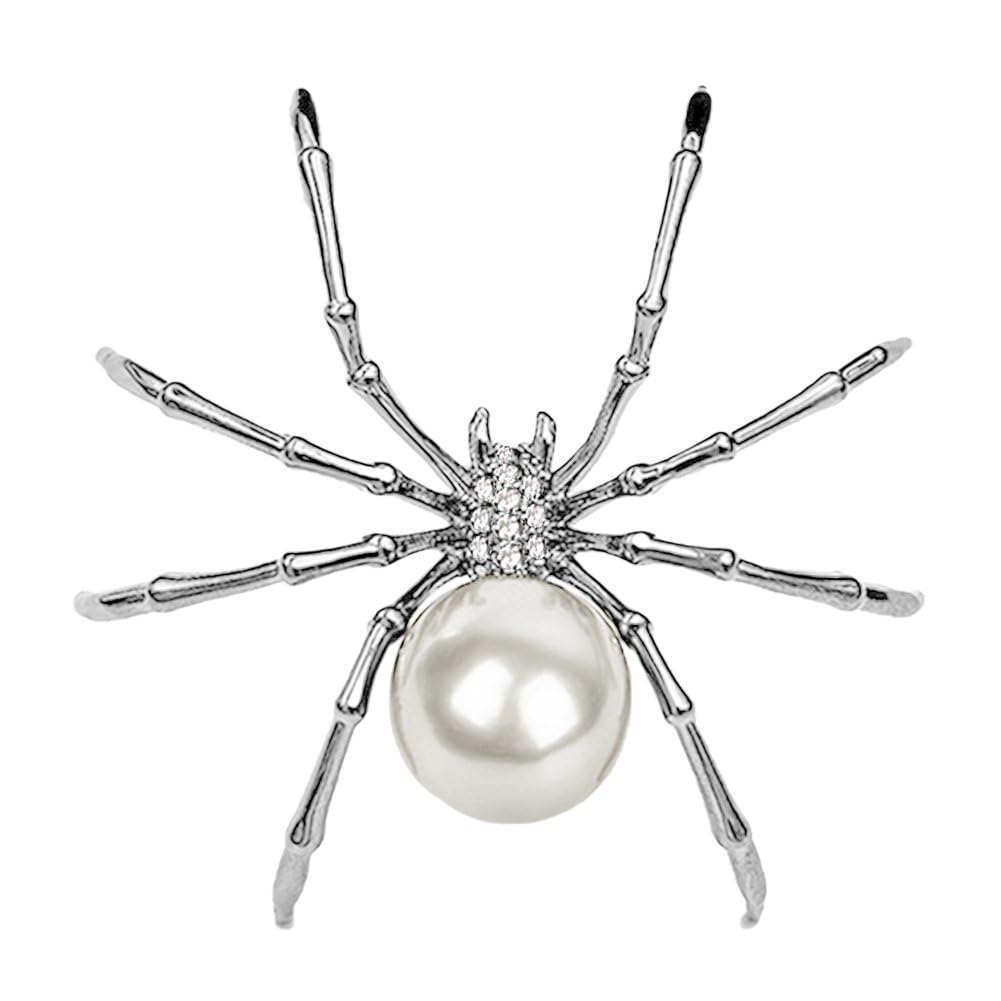 Victorian Style Mother of Pearl Body and Micro Pave Spider Brooches Pins Silver Tone Goth Accessories Pins for Backpacks Aesthetic