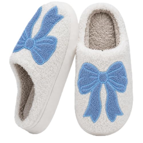 Image of Bow Slippers for Women, Girly House Shoes, Fuzzy Non Slip Sole