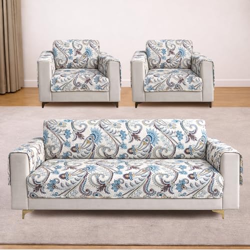 Image of Homerz Premium 5(3+1+1) Seater Quilted Reversible Sofa Cover Mat with Pocket Arms | Polyester Blend 350 GSM Full Coverage & Back Belt for Stability (Floraya, 5(3+1+1) Seater)