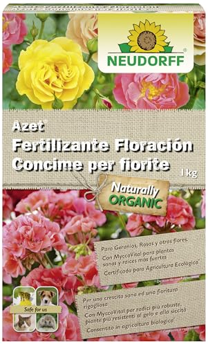 Neudorff Azet Fertilizante Floración – Fertilizante orgánico que estimula una floración abundante en geranios, rosas y otras flores, 1 kg