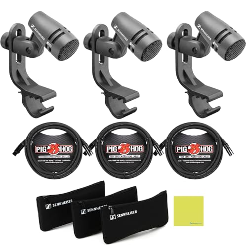 Liquid Audio Sennheiser e 604 3-Pack Cardioid Dynamic Microphone Bundle with 3-Pack Pig Hog PHM10 8mm Microphone Cable and Instrument Polishing Cloth - Clip On Microphone, Instrument Microphone