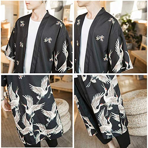 Ambcol Men Japanese Kimono Coat Loose Yukata Outwear Long Bathrobe Tops Vintage Black Large #TOP6