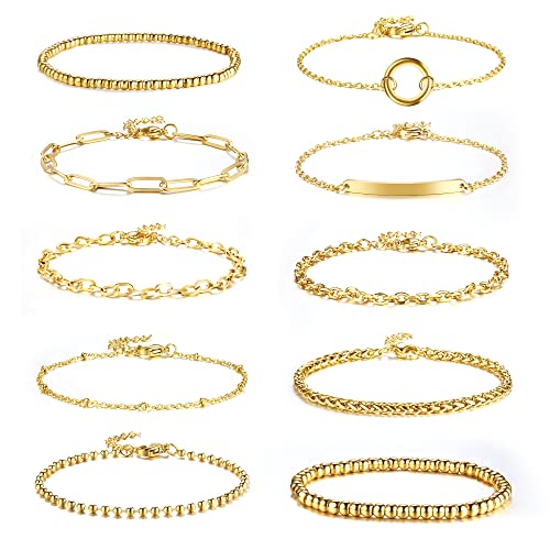 Dochais 10 Piezas Pulsera Acero Inoxidable Dorado Mujer, Pulseras de Cadena Mujer Oro Ajustable, Pulseras Twist, Pulsera de Perla Oro para Mujer Regalo Cover