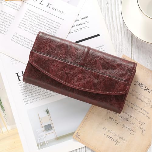 Large Capacity Genuine Leather Wallet for Women RFID Blocking Clutch with Zipper Pocket (Dark Burgundy)4