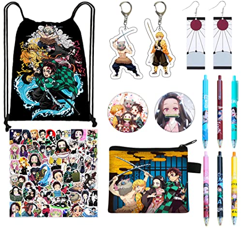 Anime Bag Gift Sets Demon Slayer Gift Set Including Anime Drawstring Bag Backpack, Anime Stickers, Anime Wallet, Anime Keychain, Earrings, Anime Pens, Button Pins Birthday Party Gifts