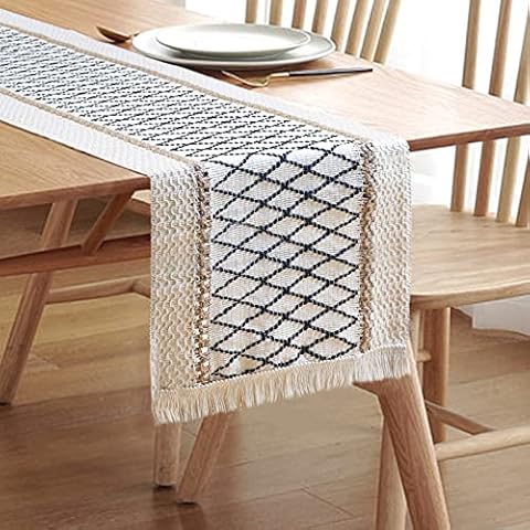 Table Runner, Hakiwina Rustic Table Runners Beige Boho Tablerunner 30x180cm with Tassels Macrame, Natural Cotton Burlap Table Runner for Home Decor Dining Table Decor, Bohemian Farmhouse Style Cover