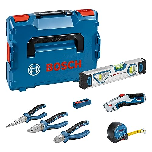 Bosch Professional set d’outils à main 10 pièces (avec 2 pinces, 1 pince coupante, 1 mètre ruban, 1 niveau à bulle de 25 cm, 1 couteau, 10 lames de rechange, 2...