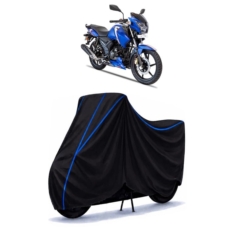 Image of TVS Apache RTR 160 2V Bike Cover Water Resistant Universal Motorcycle Rain | Heavy Duty UV Protection, Dust, Scratch Indoor Outdoor All Weather with Black Blue Piping Elastic