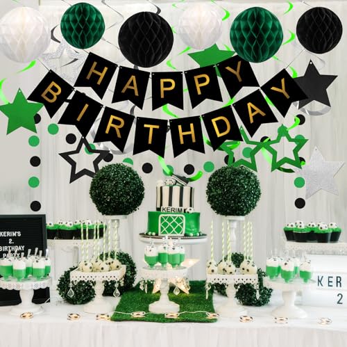 Image of meowtastic Birthday Decorations Happy Birthday Banner with Honeycomb Balls | 16pcs Birthday Set: 1 Banner+6 Honeycomb Balls+8 Star Spirals+1 Circle Dots, Happy Birthday Decor - Green and Black