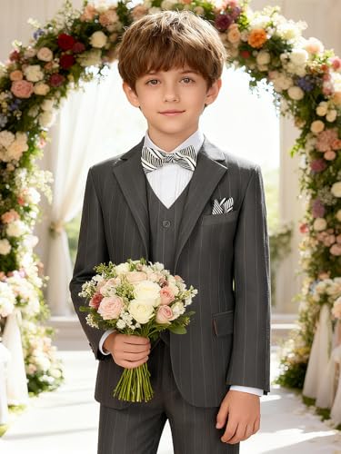 Image of Boy Suits Stripe Tuxedo Suit Set Complete Outfit Formal Wedding Party Wear Ring Bearer Outfit