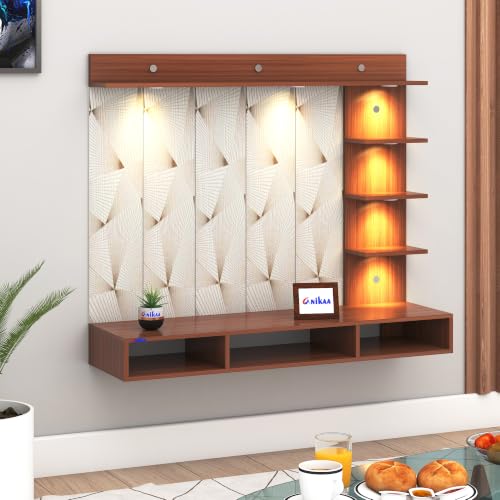 Image of Anikaa Tyron Engineered Wood Wall-Mount TV Unit with PVC Back Panel & LED Lights | TV Cabinet with Storage Box & Decorative Shelves (Walnut) | Ideal for TVs up to 43 Inch | DIY Installation