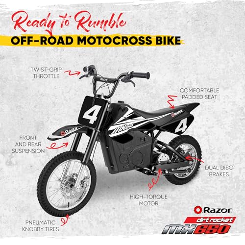 Image of Razor MX650 Dirt Rocket Bike Electric Ride-On for Ages 16+, 220 lb Max Weight, Black - 36V Battery, Up to 17 Mph, 40-Min Run Time, Twist-Grip Throttle, 16 inch Front and 14 inch Rear Pneumatic Tires
