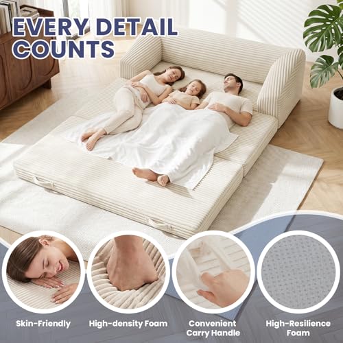 Image of JUIKURY Convertible Sofa Bed, 3-in-1 Foldable Loveseat Couch with Armrest, Corduroy Floor Sofa & Sleeper Bed, No Assembly High-Density Foam Futon Mattress for Living Room, Small Apartment, Dorm