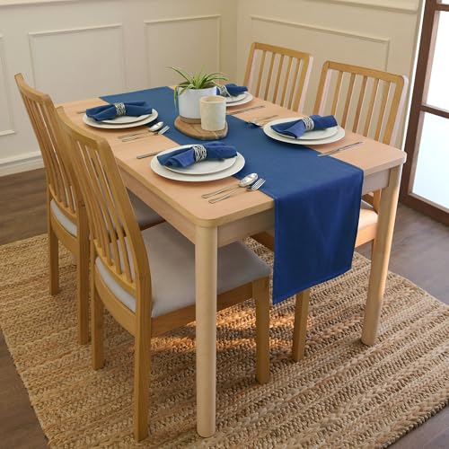 Image of Encasa XO Table Runner for 8 Seater | Cotton Canvas Fabric | Size 13x91 in | Cobalt Solid Color | Machine Washable & Durable