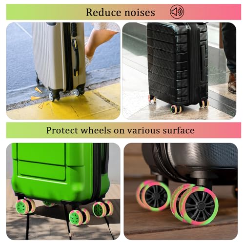 CY Luggage Wheel Covers, 8pcs Thickened Silicone Spinner Wheel Protectors, Noise Reducing, Rose Red + Green3