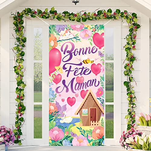 DPKOW Bonne Fête Maman Porte Bannière pour Fêtes des Mères Maman Décoration, Bonne Fêtes des Mères Bannière pour Fête Maman Porte Extérieure Décoration, Toile de Fond Jardin Mur Décoration, 185 * 90cm