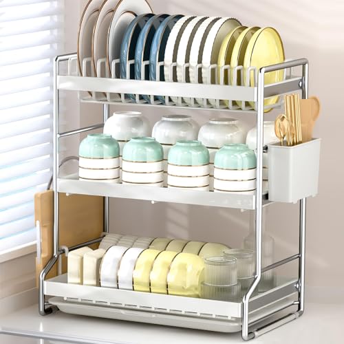 水切りラック 3段 食器 水切り カゴ 大容量 収納 ラック 食器乾燥ラック ディッシュラック 防錆炭素鋼製 (白 3段)