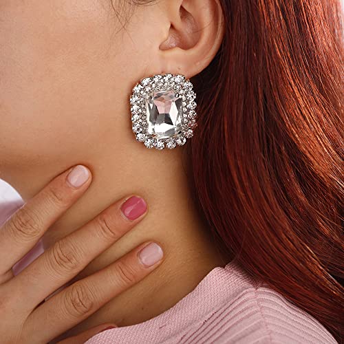 Denifery Square Crystal Earrings Rhinestone Stud Earrings Sparkling Crystal Stud Dangle Drop Earrings for Women Bling Stud Earrings for Prom Wedding (Silver)2