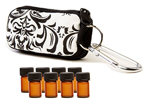 Stylish Essential Oil Key Chain with 8 5/8 Dram (2 ml) Vials and Blank Labels - Fits Easily in a Purse or Makeup Bag - Carry Your Favorite Essential Oils Everywhere You Go! (Black/White Windsor)