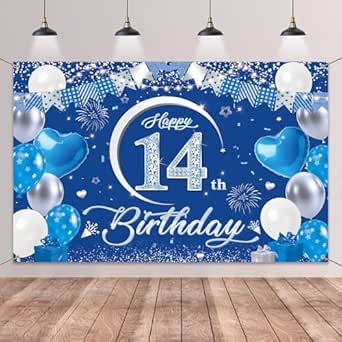 Happy 14th Birthday Banner Backdrop - Blue and Silver Banners Fabric ...