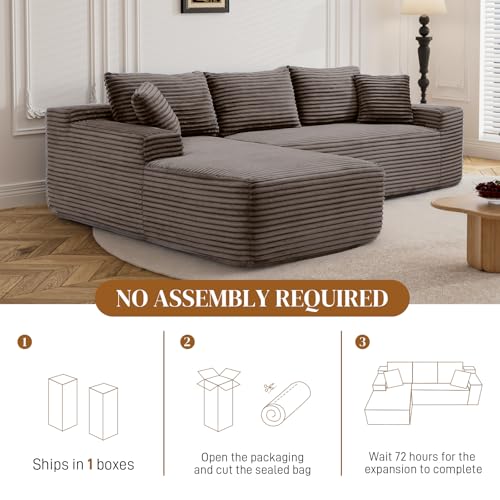 Image of 95 inch L Shaped Boneless Sectional Couches, Wide Armrest, Deep Seat, Memory Foam, Assembly Free, Modern Comfy Corduroy Fluffy Cloud Sofa with Left Chaise for Living Room, Small Spaces, Brown