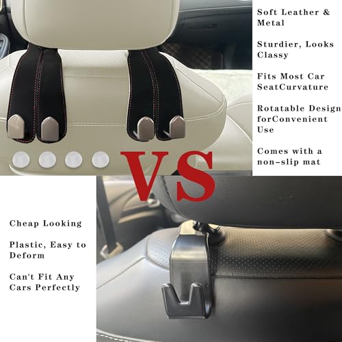 Car Headrest Hooks for Purses and Bags, 2-Pack Leather Car Seat Hooks, Multifunctional Storage Hook for Car Seat Back, 100% Metal Car Bag Hook, Black