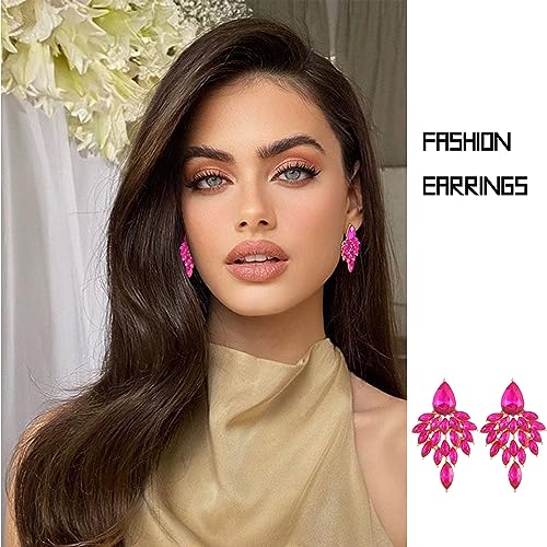 ATIMIGO Hot Pink Rhinestone Cluster Drop Earrings Elegant Crystal Statement Earrings Formal Prom Earrings for Women by ATIMIGO - Image 3