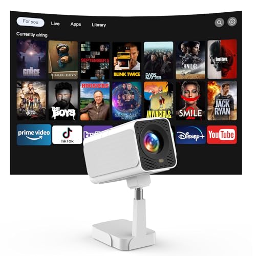 Android TV OS Smart Beamer mit WiFi und BT, Elektrischer Fokus/Auto Keystone 720P Mini Beamer mit 180°Verstellbarem Stand
