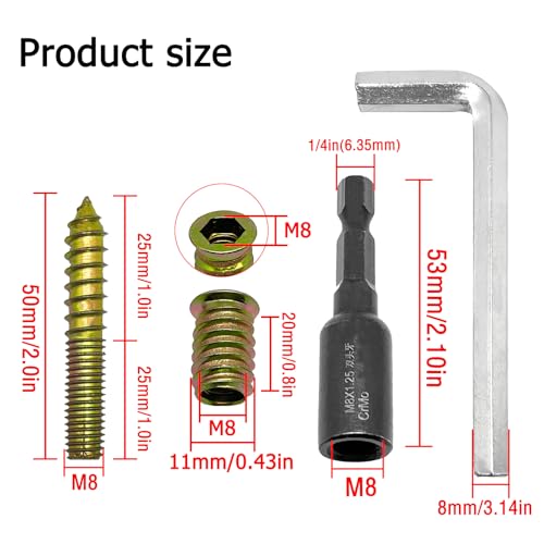 Image of 12 Sets Wood Furniture Set,M8x50mm Double Headed Bolts Self-Tapping Screw,M8x20mm Threaded Insert Hex Socket Nut,M8 Hanger Bolt Driver,8mm Hex Wrench for Joint Furniture Legs