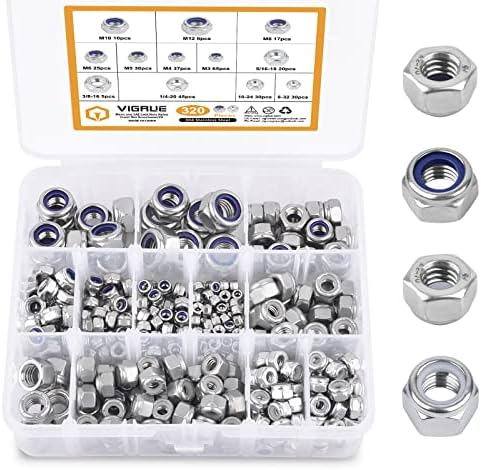 VIGRUE 320PCS SAE and Metric Hex Lock Nuts Nylon Insert Nut Assortment Kit, 304 Stainless Steel Locknuts (M3 M4 M5 M6 M8 M10 M12 and 1/4-20 5/16-18 3/8-16 8-32 10-24)