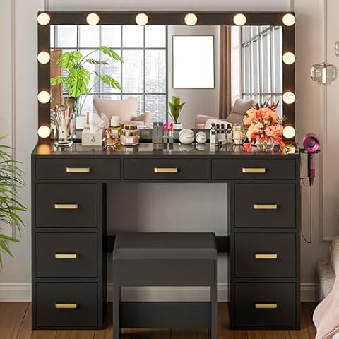 elifine Vanity Desk with Lighted Mirror & Tempered Glass Tabletop - 47‘’ Large Makeup Table Set w/Chair, 12 LED Lights Bulbs, 9 Drawers and 3 Light Mode for Women Girls Cover