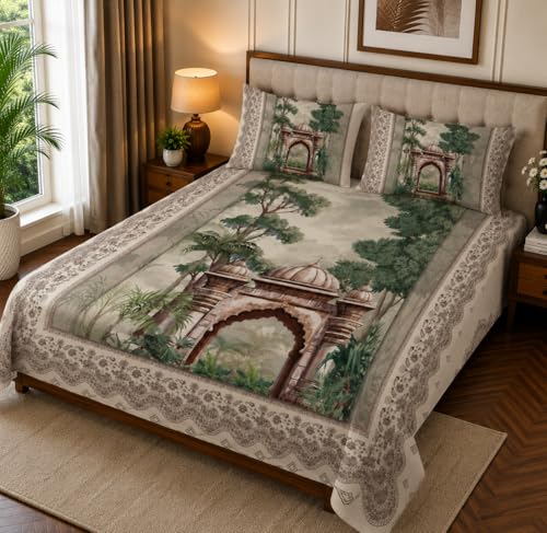 Image of 7D Digital Printed King Size Bedsheet with 2 Pillow Covers | Soft Premium Cotton Feel Microfiber Double Bed Bedsheet|Breathable,Wrinkle Free & Fade Resistant|(CreamEthnic, KingSize-225x250CM)