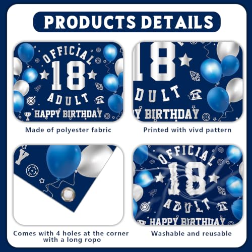 Image of Happy 18th Birthday Banner Backdrop 18th Birthday Decorations for Boy | Large Official Adult 18 Year Old Backdrop 18th HBD Party Decorations Supplies, Navy Blue Silver