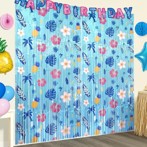 Cartoon Birthday Party Decorations Backdrop 2 Pack Pink Blue Hawaiian Pattern 3.3 x 6.6 Ft Foil Fringe Curtains Streamers Photo Booth Props for Cartoon Movie Luau Summer Birthday Party Supplies Decor