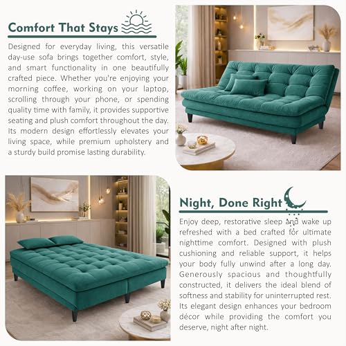 Image of Modern 3 Seater Sofa Cum Bed | Tufted Backrest | Velevt Fabric Upholstery | Living Room Furniture-Green